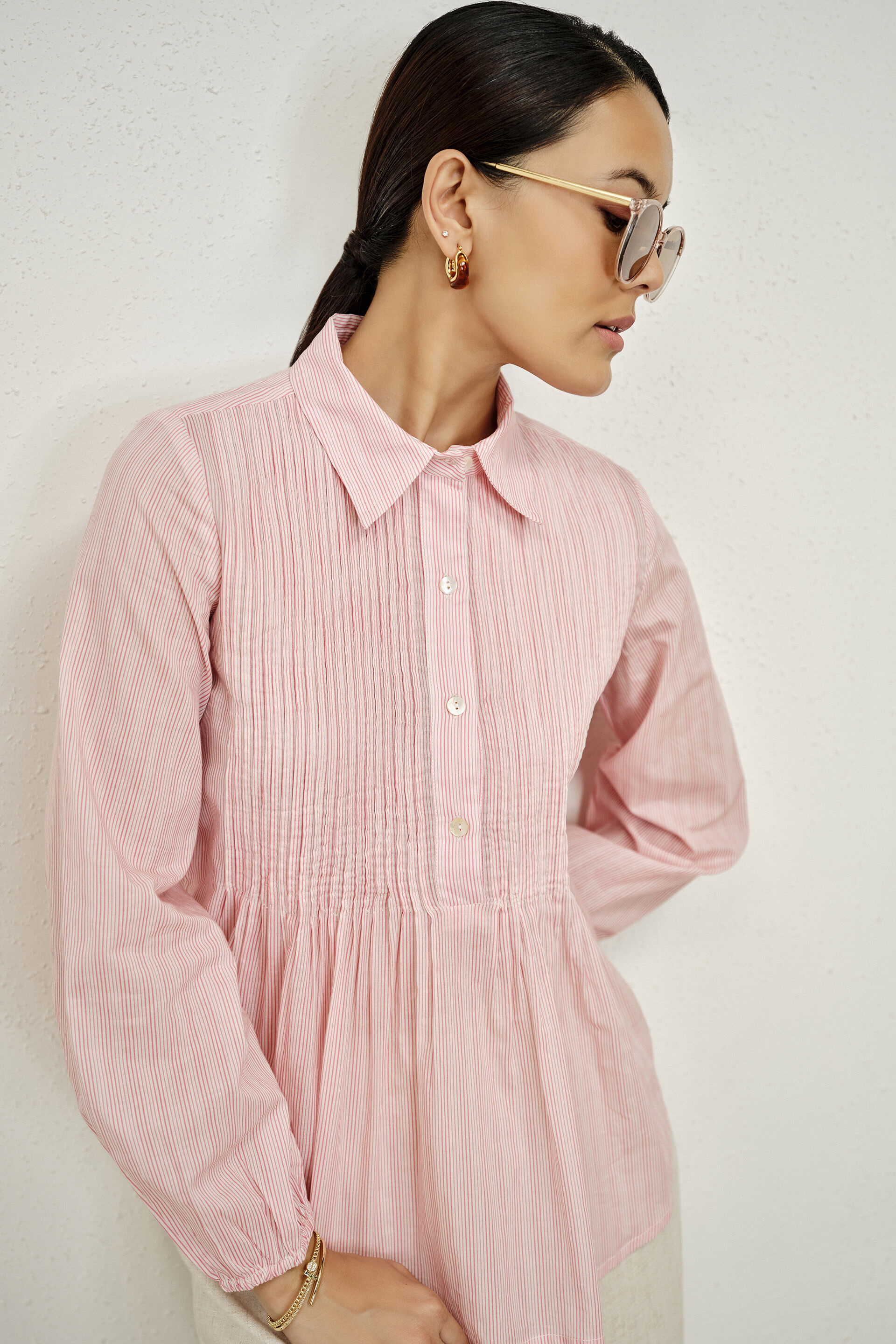 Rosalina Pleated Cotton Shirt, Pink, image 3